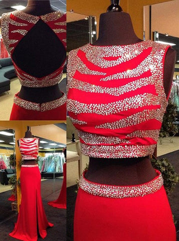 two pieces Prom Dress,red prom dress,beaded prom dress,side slit prom dress,open back prom dress,BD3000