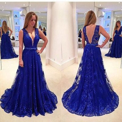 lace Prom Dresses,royal blue prom dress,charming prom Dress,v-neck prom dress,BD2800