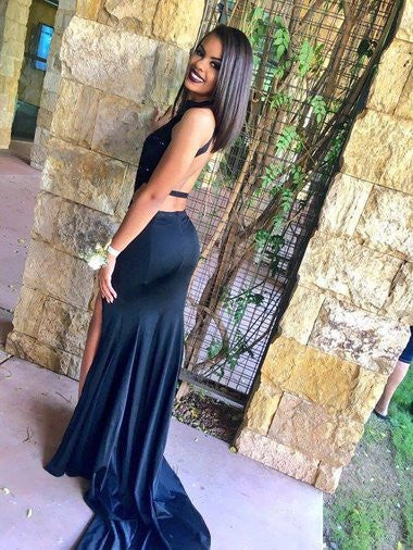 Evening Dress,long evening dress,black Prom Dress,open back prom dress, side slit evening dress,BD8941