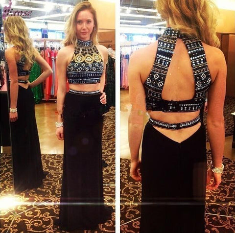 Black Prom Dresses,Two pieces Prom Dress,Long Prom dress,party prom Dress,high neck prom Dress,BD414