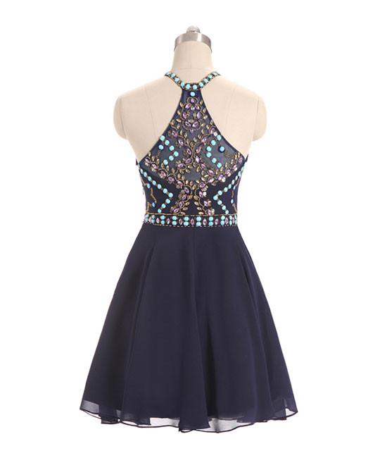 Dark Blue Beads Short Prom Dresses, Cute Dark Blue Homecoming Dresses,PD4558964