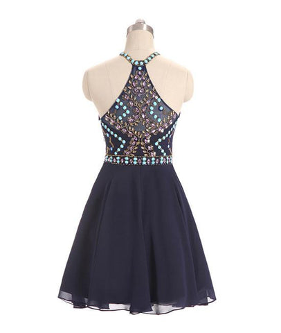 Dark Blue Beads Short Prom Dresses, Cute Dark Blue Homecoming Dresses,PD4558964