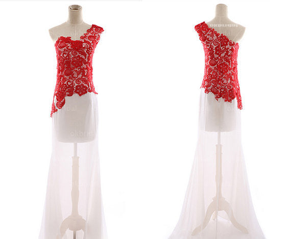 lace Prom Dress,one shoulder prom dress, long prom dress,evening dress,BD0700