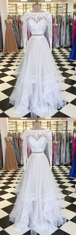 Light champagne tulle lace two pieces long prom dress, evening dress