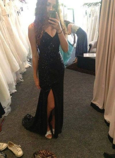 black Prom Dresses,long prom dress,sexy v-neck prom Dress,side slit prom dress,sparkle evening dress,BD2802