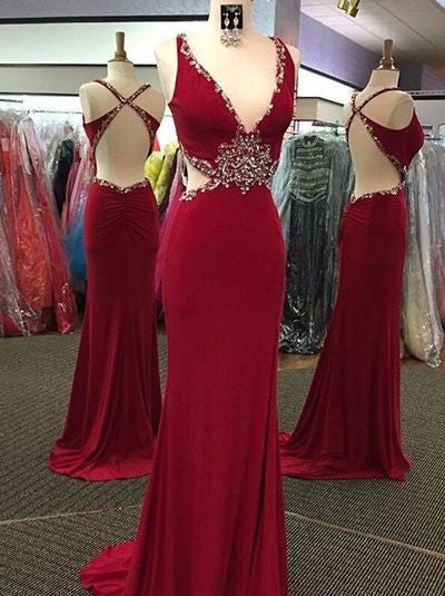 dark red Prom Dresses,backless prom dress,long prom Dress,sexy prom dress,charming beaded evening dress,BD2809
