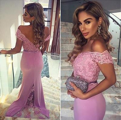 Long Prom Dress,Off shoulder Prom Dress,Lace Prom Dress,pink Prom Dress,BD080