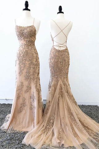 gold champagne tulle with lace appliques mermaid long open back evening dress,HO163