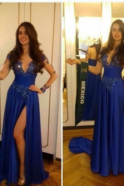 royal blue Prom Dresses,v-neck prom dress,long prom Dress,side slit prom dress,formal evening dress,BD2814