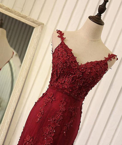 Red V Neck Lace Prom Dresses, Red Evening Dresses,PD4558976