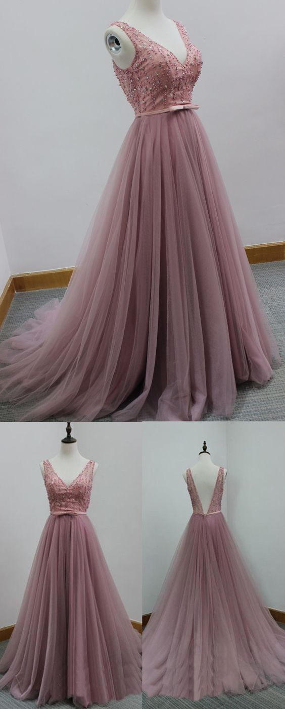 Backless Prom Dress,Tulle A Line Prom Dress,Custom Made Evening Dresses,PD455837