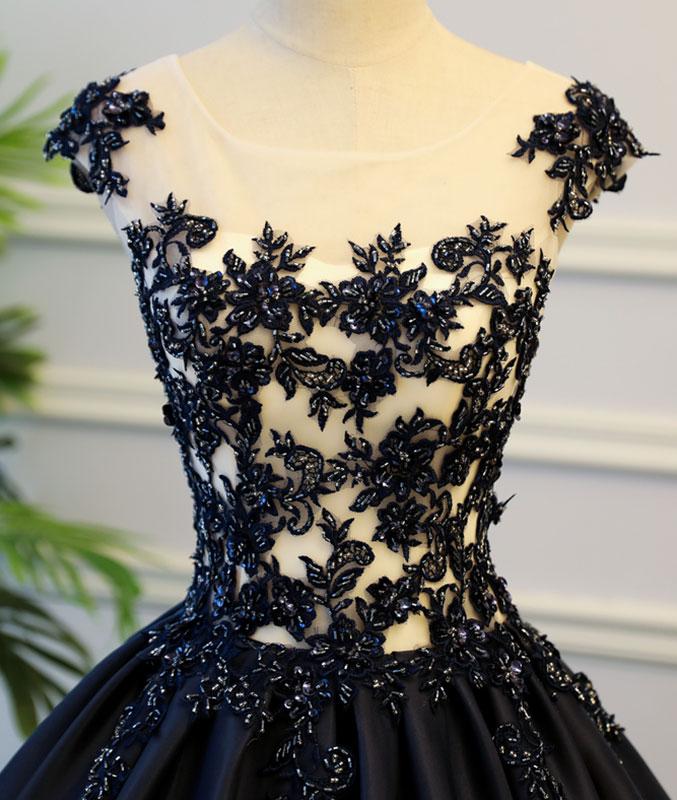 Black Round Neck Satin Long Prom Gown, Black Evening Dresses,PD4558941