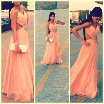 peach Prom Dresses,chiffon Prom Dress,long Prom dress,simple prom Dress,backless evening Dress,BD602