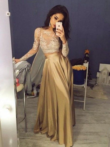 gold prom dress,long prom dress,two pieces prom dress,lace sleeves prom dress,charming evening gown,BD2616