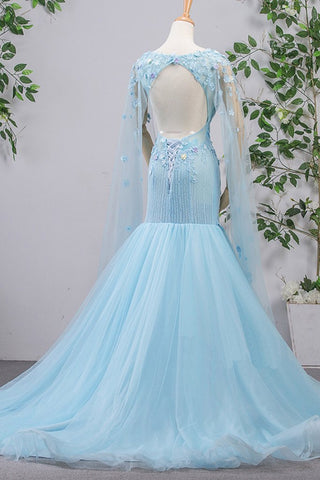 Bright Blue Tulle V Neck Long Sleeve Mermaid 3D Lace Applique Evening Dress, Prom Dress, BH91218