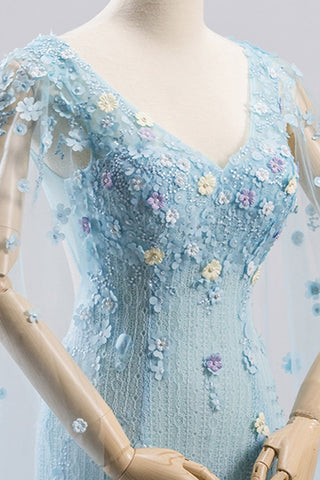 Bright Blue Tulle V Neck Long Sleeve Mermaid 3D Lace Applique Evening Dress, Prom Dress, BH91218