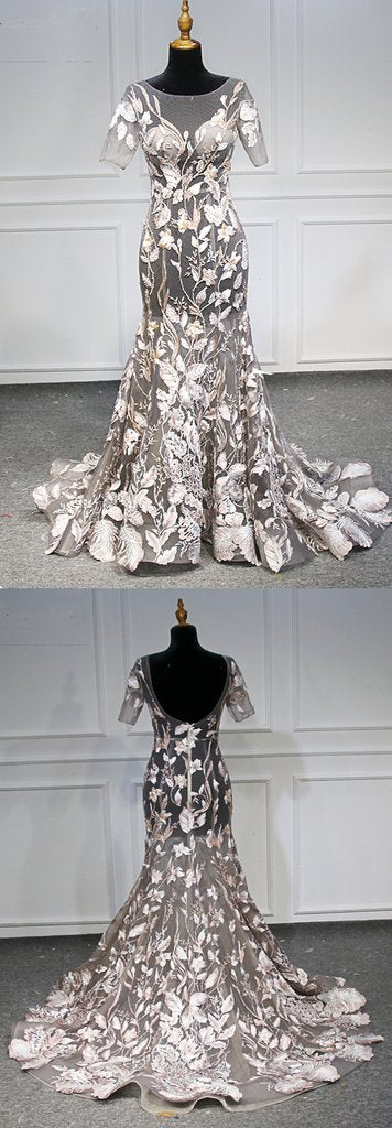 Unique Flower Lace Open Back Long Mermaid Women Prom Dress, Evening Dress With Sleeve, BH91215