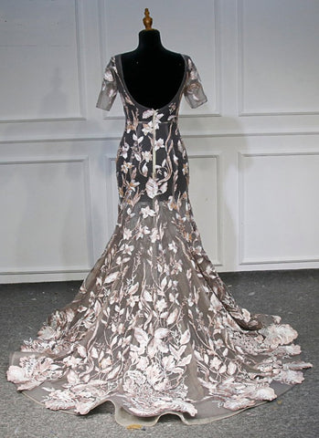 Unique Flower Lace Open Back Long Mermaid Women Prom Dress, Evening Dress With Sleeve, BH91215