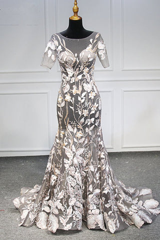 Unique Flower Lace Open Back Long Mermaid Women Prom Dress, Evening Dress With Sleeve, BH91215