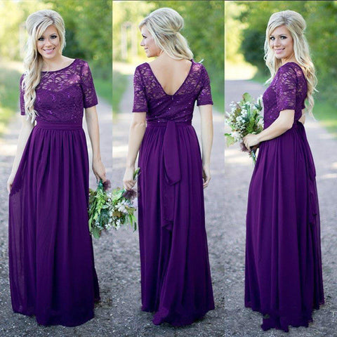 eggplant bridesmaid dress,long bridesmaid dress,short sleeves bridesmaid dress,lace bridesmaid dress,BD1626