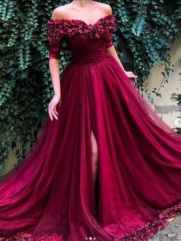 Charming Off Shoulder Burgundy Long Prom Dress With Side Slit,BP03