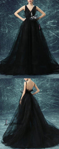Black Backless Prom Dresses ,Straps A-line Sweep,Brush Train Prom Dress,PD4558723