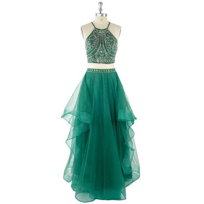 Green two pieces lace long prom dress, lace evening dresses,PD4558917