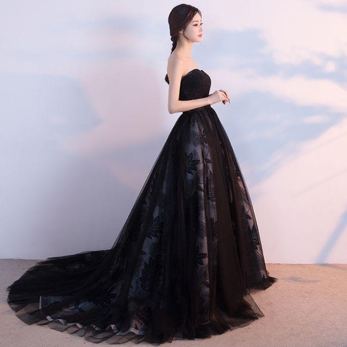 Black Prom Dresses, Ball Gown Lace Sweep,Brush Train Chic Prom Dresses,PD4558744