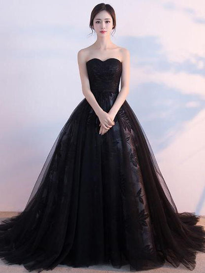 Black Prom Dresses, Ball Gown Lace Sweep,Brush Train Chic Prom Dresses,PD4558744