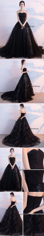 Black Prom Dresses, Ball Gown Lace Sweep,Brush Train Chic Prom Dresses,PD4558744