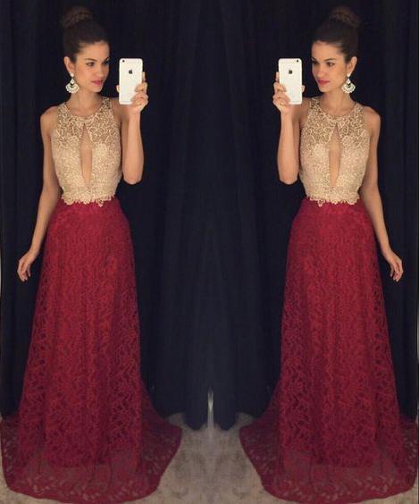 charming ivory and burgundy lace long affordable evening dresses,HO102