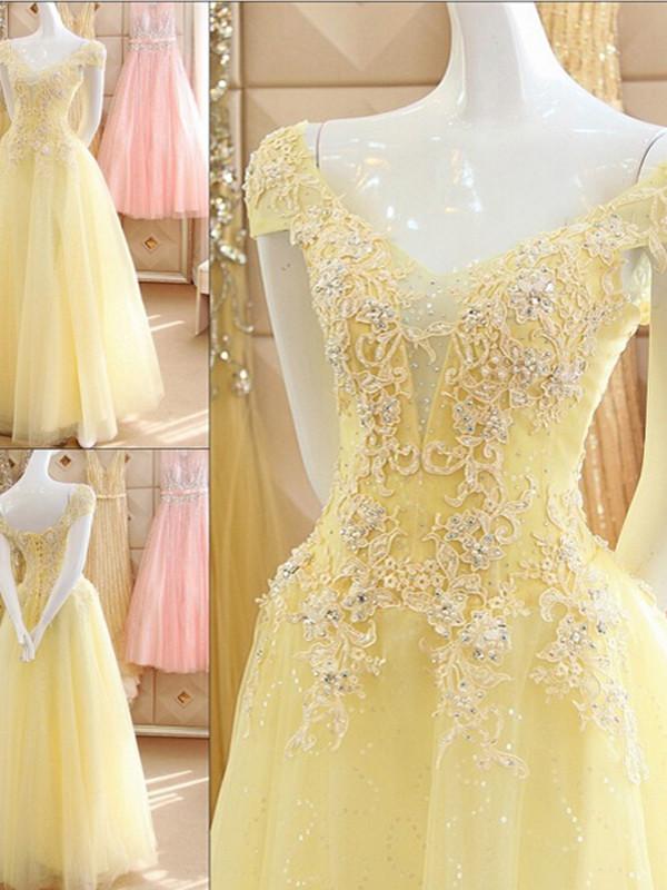 Prom dresses A-line Off-the-shoulder Floor-length Tulle Prom Dress,PD4558983