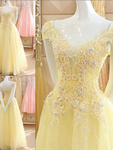 Prom dresses A-line Off-the-shoulder Floor-length Tulle Prom Dress,PD4558983