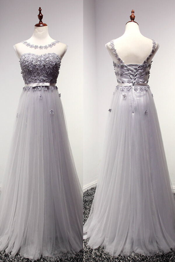 light gray Prom Dresses,tulle prom dress,charming prom Dress,lace up prom dress,BD0402