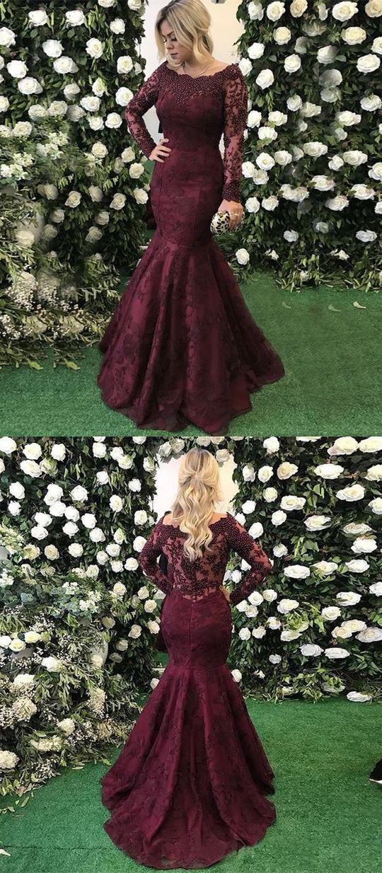 dark burgundy lace long sleeves mermaid formal floor length evening dresses,HO103