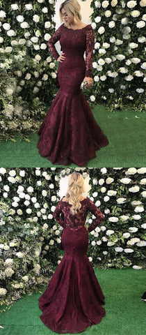 dark burgundy lace long sleeves mermaid formal floor length evening dresses,HO103