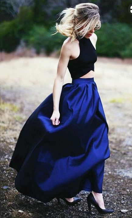 Two Piece Prom Dresses Blue, Long Formal Dresses A-line, Satin Party Dresses Halter,PD4553