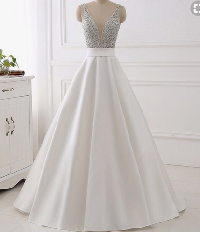 White Real Image Evening Dresses , Sparkly Beading Bodice Long Prom Party Gown,PD455884