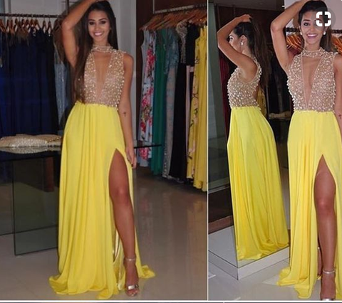Sexy deep v-neck prom dress, Yellow chiffon party dress, Sparkly gorgeous beading prom dresses,PD455887
