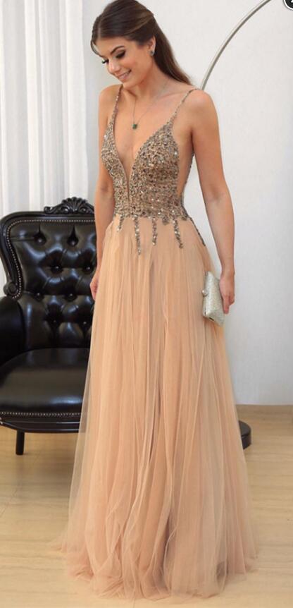 champagne gold tulle sexy formal charming long evening dress,HO145