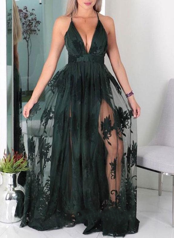 Sexy Dark Green Lace V-neck Side Slit Long Prom Dress,HO93