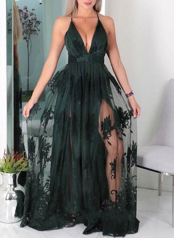 Sexy Dark Green Lace V-neck Side Slit Long Prom Dress,HO93