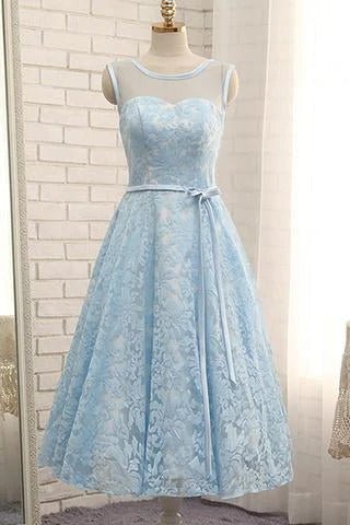 Simple Tea Length Light Blue Lace Homecoming Dress with Belt Short Prom Dress BD22069