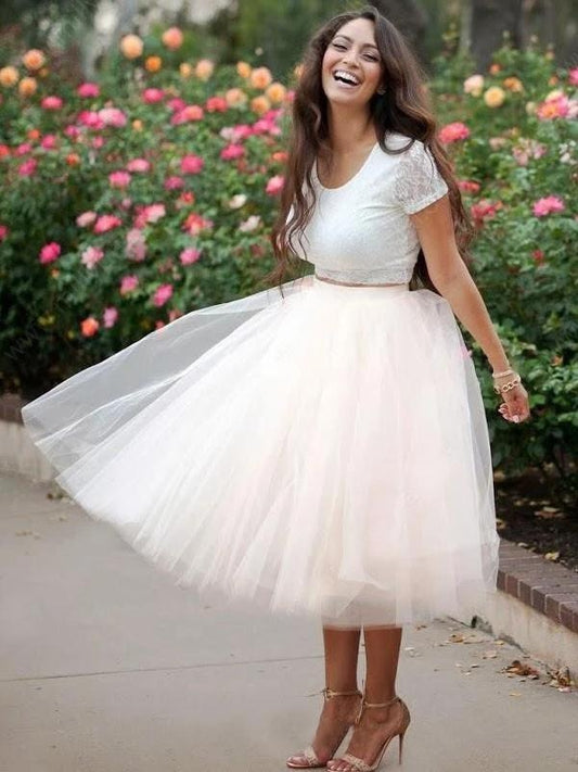 Simple Two Pieces Round Neck Ivory Short Prom Dress with Lace Homecoming Dresses BD22068
