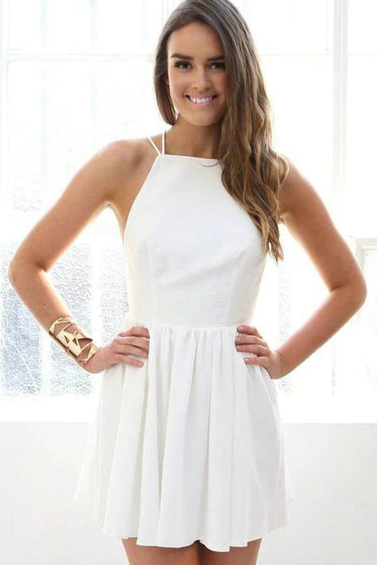 Simple White Spaghetti Straps Prom Dress Open Back Evening Dress Homecoming Dress BD22066