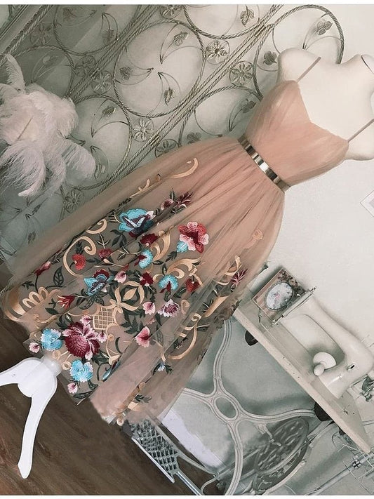 Spaghetti Straps Tea Length Short Prom Dress Dusty Pink Cute Homecoming Dresses BD22062