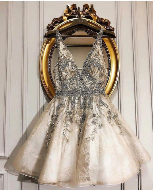 Spaghetti Straps Tulle Beads Deep V Neck Homecoming Dresses V Back Short Prom Dress BD22061