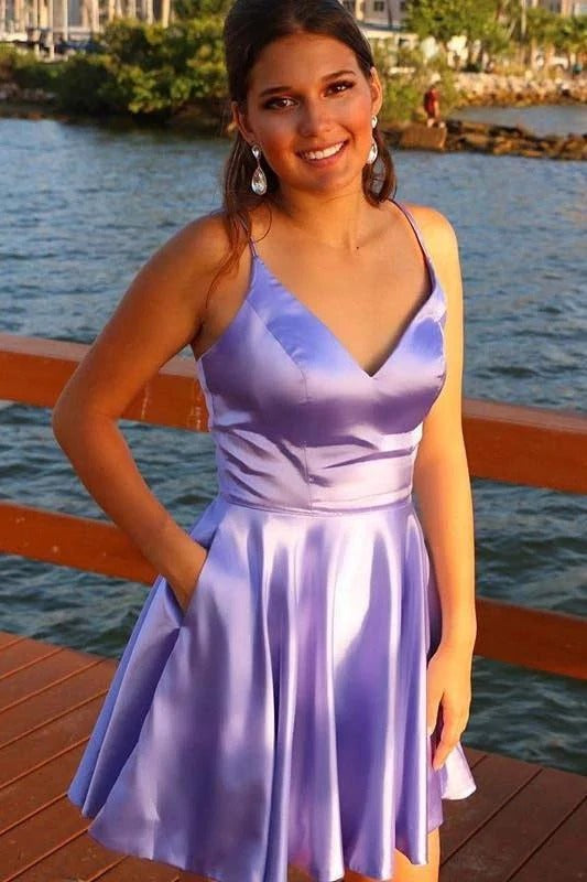 Spaghetti Straps V Neck Lilac Homecoming Dress With Pockets Backless Prom Dresses BD22059