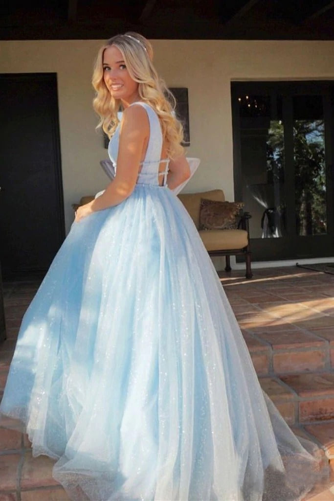 Sparkly Deep V Neck Long Beaded Backless Light Blue Prom Dresses Cheap Party Dress BD22057
