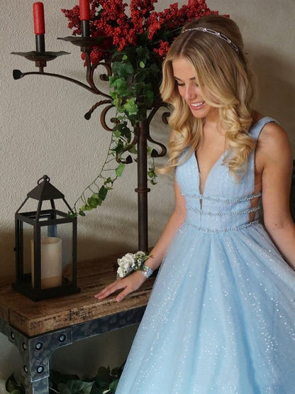 Sparkly Deep V Neck Long Beaded Backless Light Blue Prom Dresses Cheap Party Dress BD22057